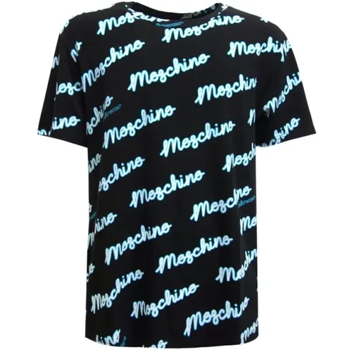 Schwarzes Neon Logo Stretch Baumwoll T-Shirt - Moschino - Modalova