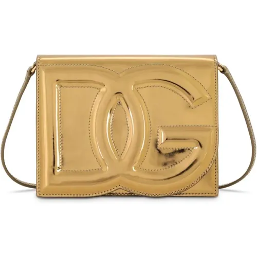 Metallic Logo-Embossed Golden Shoulder Bag , female, Sizes: ONE SIZE - Dolce & Gabbana - Modalova