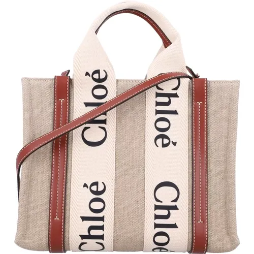 Weiß Braun Linen Woody Tote Tasche,Handtaschen - Chloé - Modalova