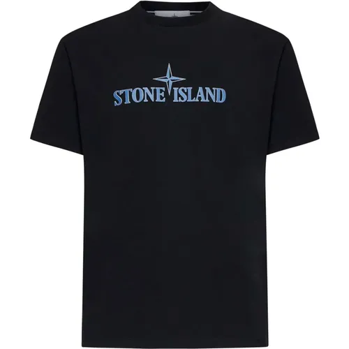 Schwarzes Baumwoll-T-Shirt mit Blauem Logo - Stone Island - Modalova