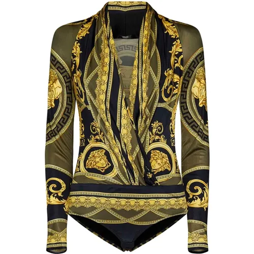 Black Bodysuit with All-Over Print , female, Sizes: XS - Versace - Modalova