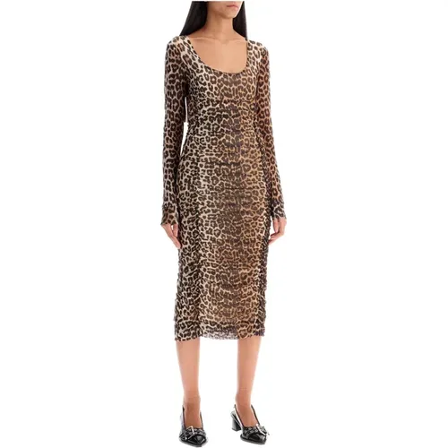 Leopard Print Mesh Midi Dress , female, Sizes: S - Ganni - Modalova