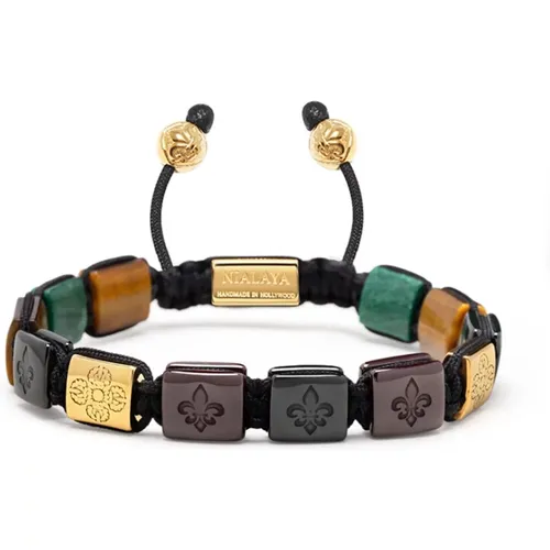 Men`s Ceramic Flatbead Bracelet in Green, Red, Brown Tiger Eye, Green Jade and Gold , male, Sizes: M, XL, L, S, 2XL - Nialaya - Modalova