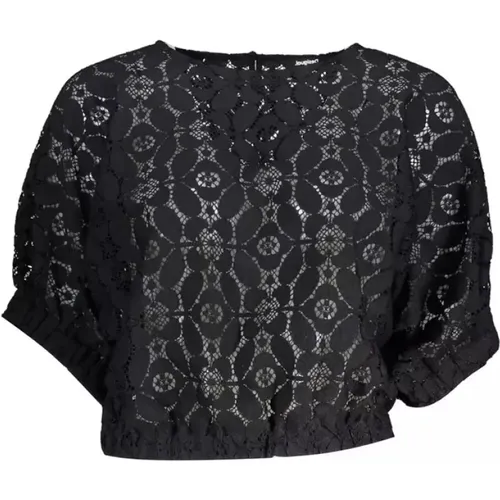 Schwarze Bluse mit Kurzen Batwing-Ärmeln und Kontrastierenden Details , Damen, Größe: M - Desigual - Modalova