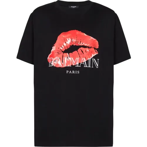 Relaxed T-shirt with Kiss print , male, Sizes: S, M, XL, L - Balmain - Modalova