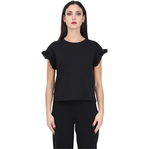 Schwarzes Besticktes T-Shirt , Damen, Größe: XL - Only - Modalova