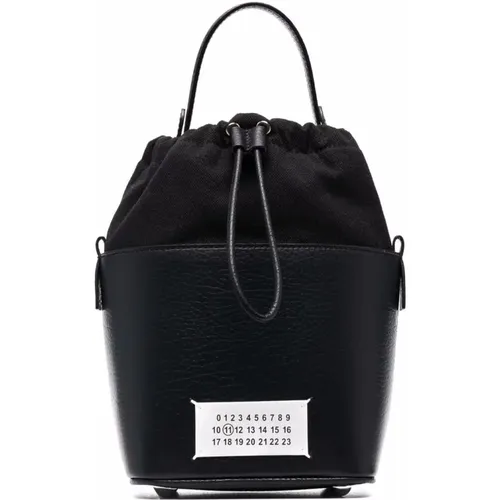 Schwarze strukturierte Leder Bucket Bag mit Logo,Schwarze Leder Eimer Tasche - Maison Margiela - Modalova