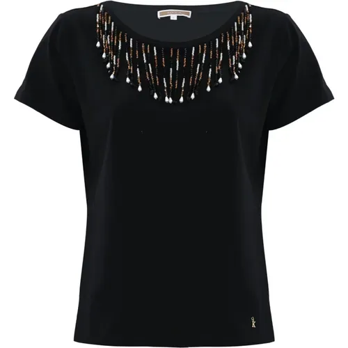 Baumwoll-T-Shirt mit Perlenstickerei , Damen, Größe: L - Kocca - Modalova