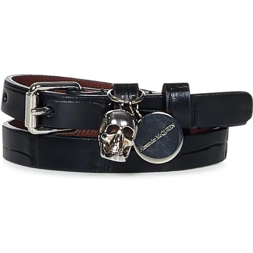 Double-wrap Leather Bracelet with Skull Pendant , male, Sizes: ONE SIZE - alexander mcqueen - Modalova