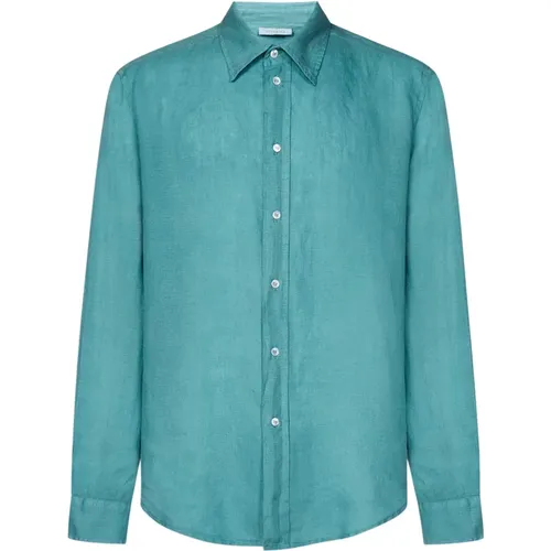 Turquoise Linen Pointed Collar Shirt , male, Sizes: L, S, M - Malo - Modalova