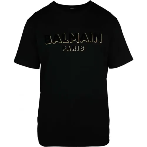 Schwarzes Oversized T-Shirt mit Texturiertem Logo,T-Shirt mit Texturiertem Logo für Männer - Balmain - Modalova