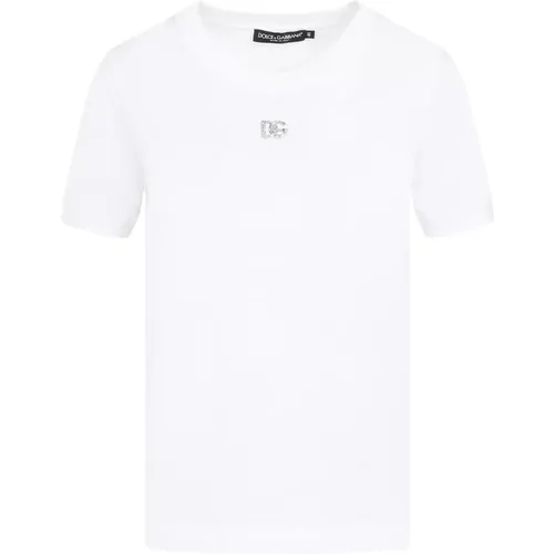 Cotton T-shirt with Crystal Monogram , female, Sizes: 2XS - Dolce & Gabbana - Modalova