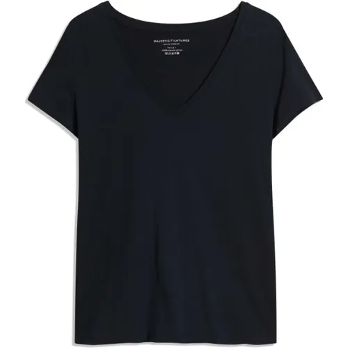 Navy V-Neck T-Shirt , female, Sizes: 2XL, XL, M, XS - majestic filatures - Modalova