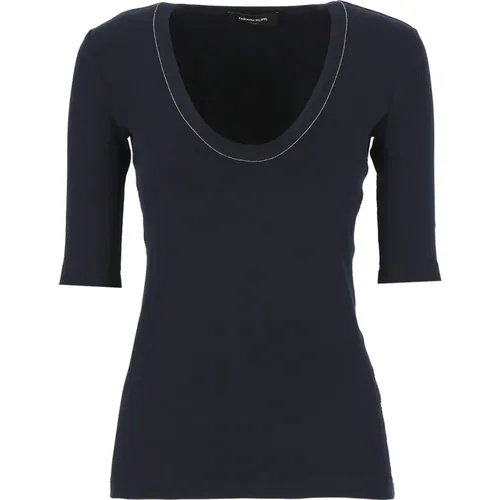 Dunkelblaues U-Ausschnitt Baumwoll-T-Shirt mit hellen Lichtpunkt-Details,Blaues Rippstrick Perlen T-shirt - Fabiana Filippi - Modalova