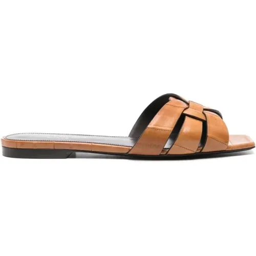 Braune Leder Flache Sandalen , Damen, Größe: 36 EU - Saint Laurent - Modalova