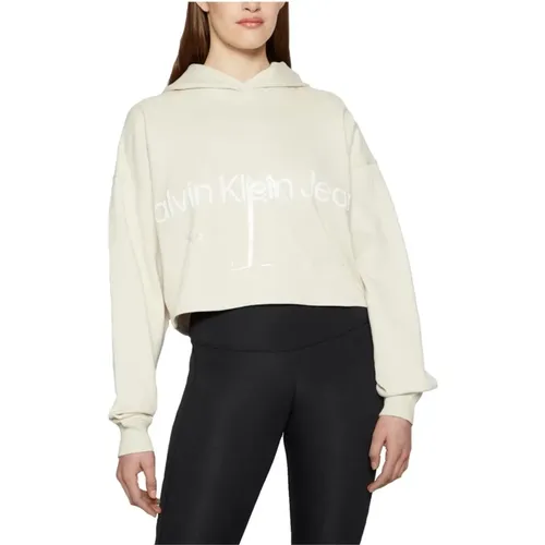 Shiny Monogram Oversize Cropped Hoodie , female, Sizes: S - Calvin Klein - Modalova