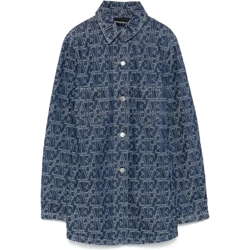 Blaue Denim Jacquard Logo Jacke - Emporio Armani - Modalova