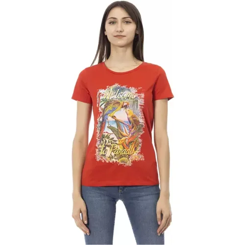 Trendiges Rotes Baumwoll-T-Shirt mit Frontdruck , Damen, Größe: S - Trussardi - Modalova