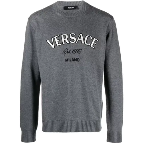 Cool Grey Knitted Sweater with Milano Stamp Embroidery , male, Sizes: M, L - Versace - Modalova