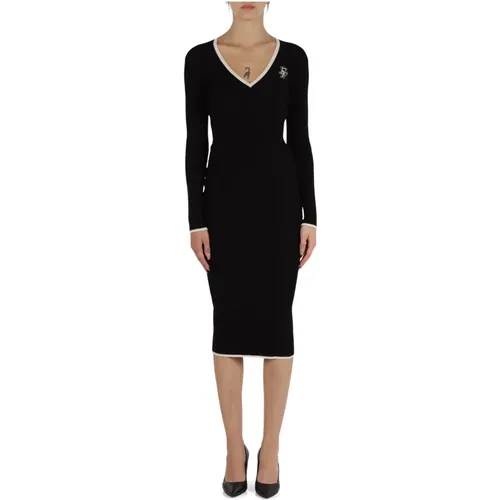 Geripptes V-Ausschnitt Midi-Kleid mit Stickerei , Damen, Größe: XL - Elisabetta Franchi - Modalova