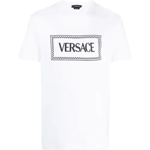 Besticktes Weißes T-Shirt Jersey Print Logo , Herren, Größe: S - Versace - Modalova