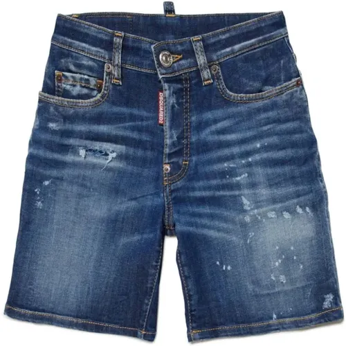 Blaue Denim Shorts mit Used-Effekt und Kontrastnähten,Dunkle Jeansshorts mit Flecken und Rissen - Dsquared2 - Modalova