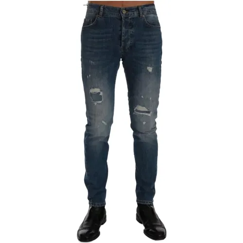 Slim Fit Logo Jeans Blaue Waschung , Herren, Größe: W30 - Frankie Morello - Modalova