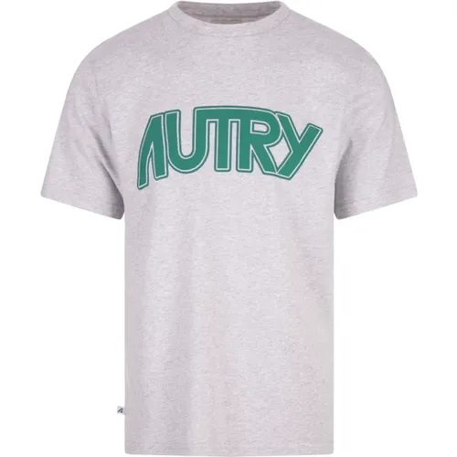 Grey Melange T-shirt with Green Logo , male, Sizes: XL, L, M - Autry - Modalova