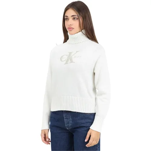 Weiße Pullover mit Chenille-Logo-Applikation , Damen, Größe: S - Calvin Klein Jeans - Modalova