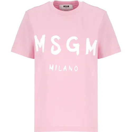 Rosa Baumwoll T-shirt Rundhals Logo , Damen, Größe: XS - MSGM - Modalova