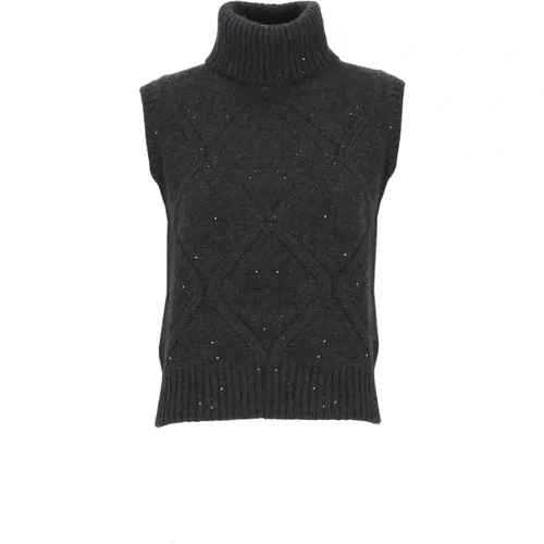 Dunkelgrauer ärmelloser Wollpullover mit Pailletten , Damen, Größe: XS - Fabiana Filippi - Modalova