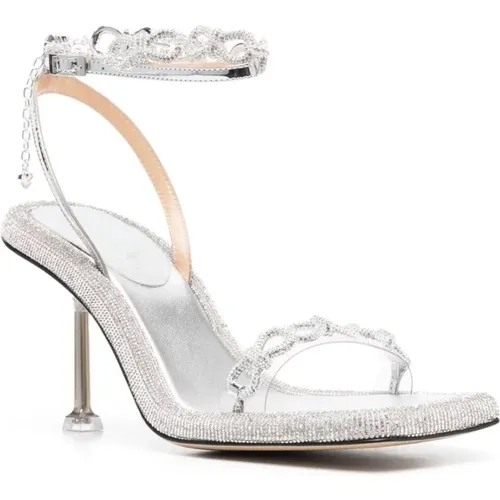 Silver Leather and Transparent PVC Sandals with Crystal Embellishments , female, Sizes: 4 UK - Mach & Mach - Modalova