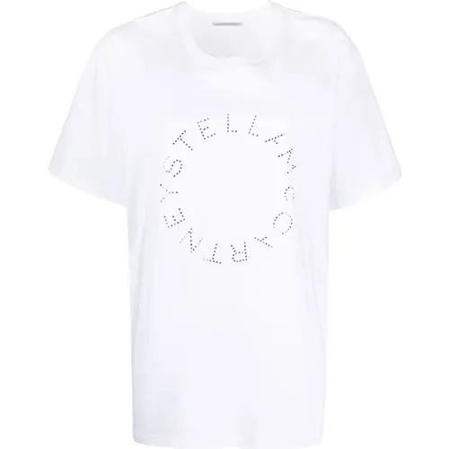 Weiße Oversized Baumwoll-T-Shirt mit Strass-Logo - Stella Mccartney - Modalova