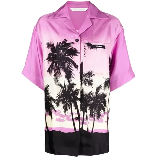 Oversized Seiden Twill Bowling Shirt mit Sunset Print - Palm Angels - Modalova