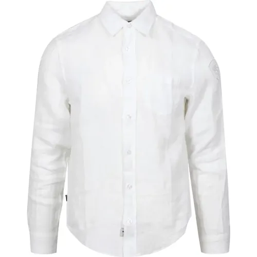 Weiße Leinen Klassische Hemd , Herren, Größe: M - Blauer - Modalova