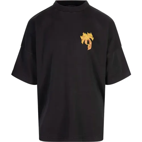 Golden Flames Oversize T-shirt Grey , male, Sizes: S, M, L, XL, 2XL, XS - Palm Angels - Modalova