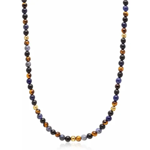 Beaded Necklace with Dumortierite, Brown Tiger Eye, and Gold , male, Sizes: L - Nialaya - Modalova