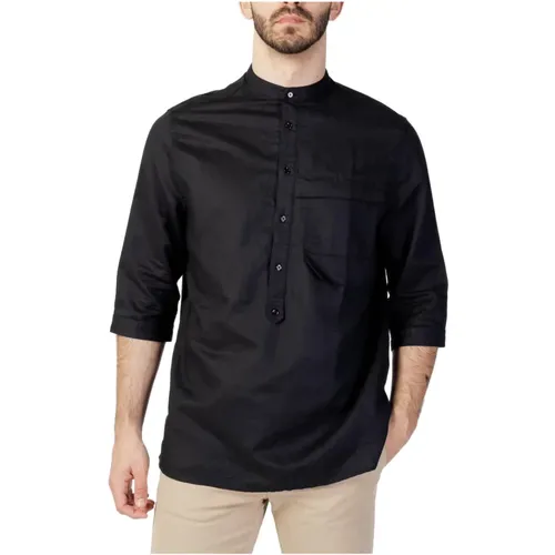 Schwarzes einfarbiges Mandarin Hemd mit 3/4 Ärmeln - Antony Morato - Modalova