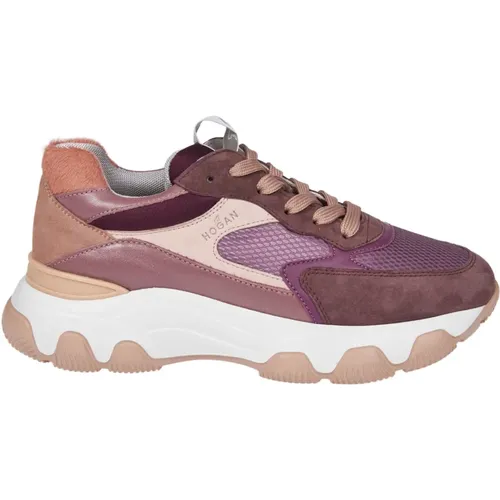 Pflaumenfarbene Ledersneakers mit Stoffeinsätzen , Damen, Größe: 37 1/2 EU - Hogan - Modalova