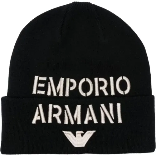 Ribbed-Knit Beanie with Logo Embroidery , male, Sizes: M, L - Emporio Armani - Modalova