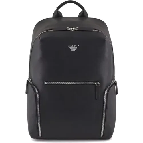 Schwarzer Leder-Rucksack mit Metalladler - Emporio Armani - Modalova