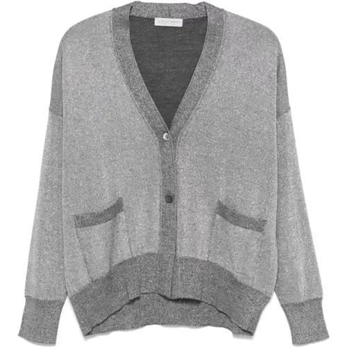 Silberner Strick-Cardigan mit Lurex-Details , Damen, Größe: XL - Le Tricot Perugia - Modalova