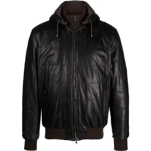 Detachable hood leather jacket , male, Sizes: 3XL - Barba - Modalova