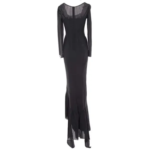 Grey Silk Stretch Dress with Flared Hem and Ruffles , female, Sizes: S - Dolce & Gabbana - Modalova