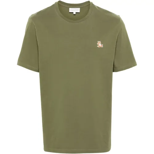 Chillax Fox Patch Grünes T-Shirt , Herren, Größe: S - Maison Kitsuné - Modalova