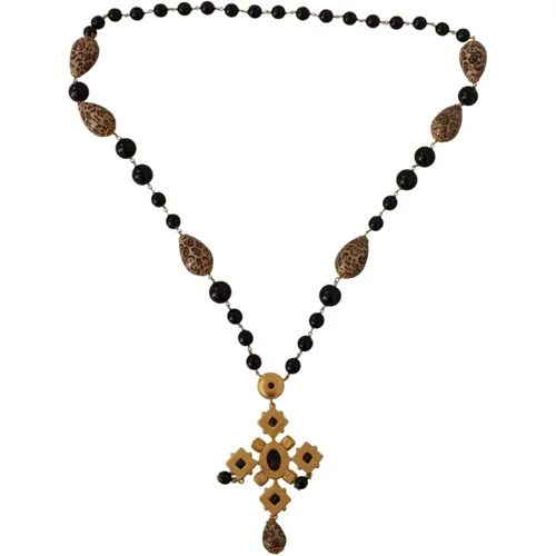 Leopard Print Crystal Cross Pendant Necklace - Dolce & Gabbana - Modalova