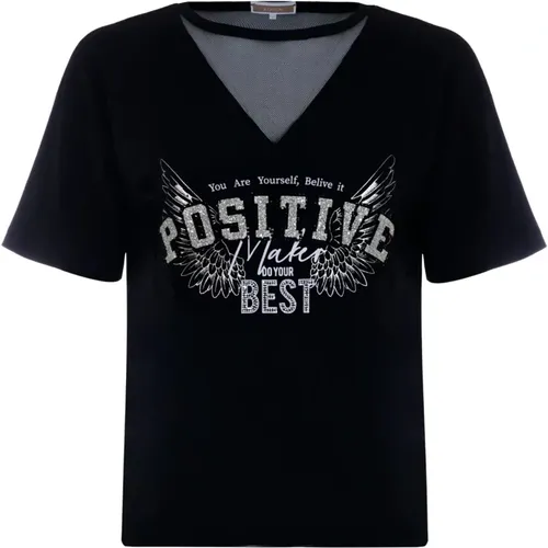 T-Shirt mit Strsteinen und Buchstaben , Damen, Größe: XL - Kocca - Modalova