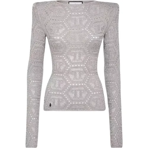 Lace Logo Sweater Boatneck Metallic , female, Sizes: M - Philipp Plein - Modalova