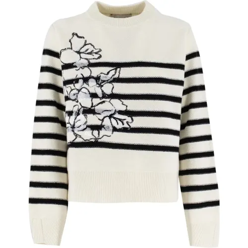 Gestreifter Wollpullover mit Paillettenblumen , Damen, Größe: XS - Ermanno Scervino - Modalova