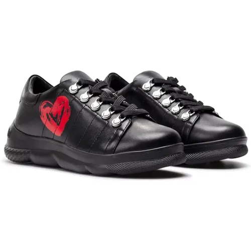Schwarze Ledersneakers mit 4 cm Absatz , Damen, Größe: 40 EU - Love Moschino - Modalova